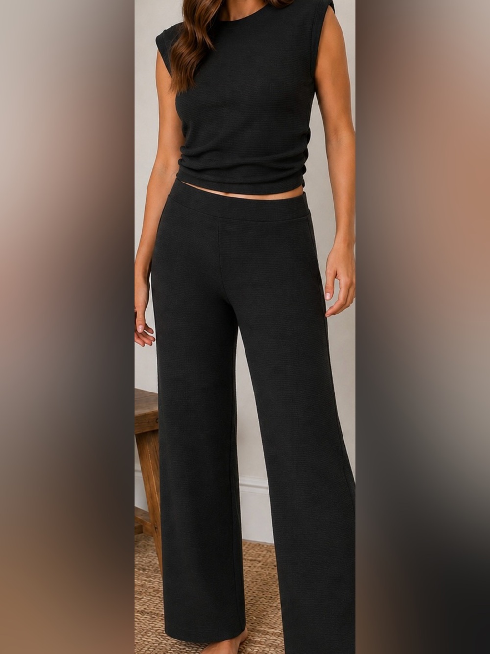 WinWin Black Straight-Leg black ribbed two-piece set